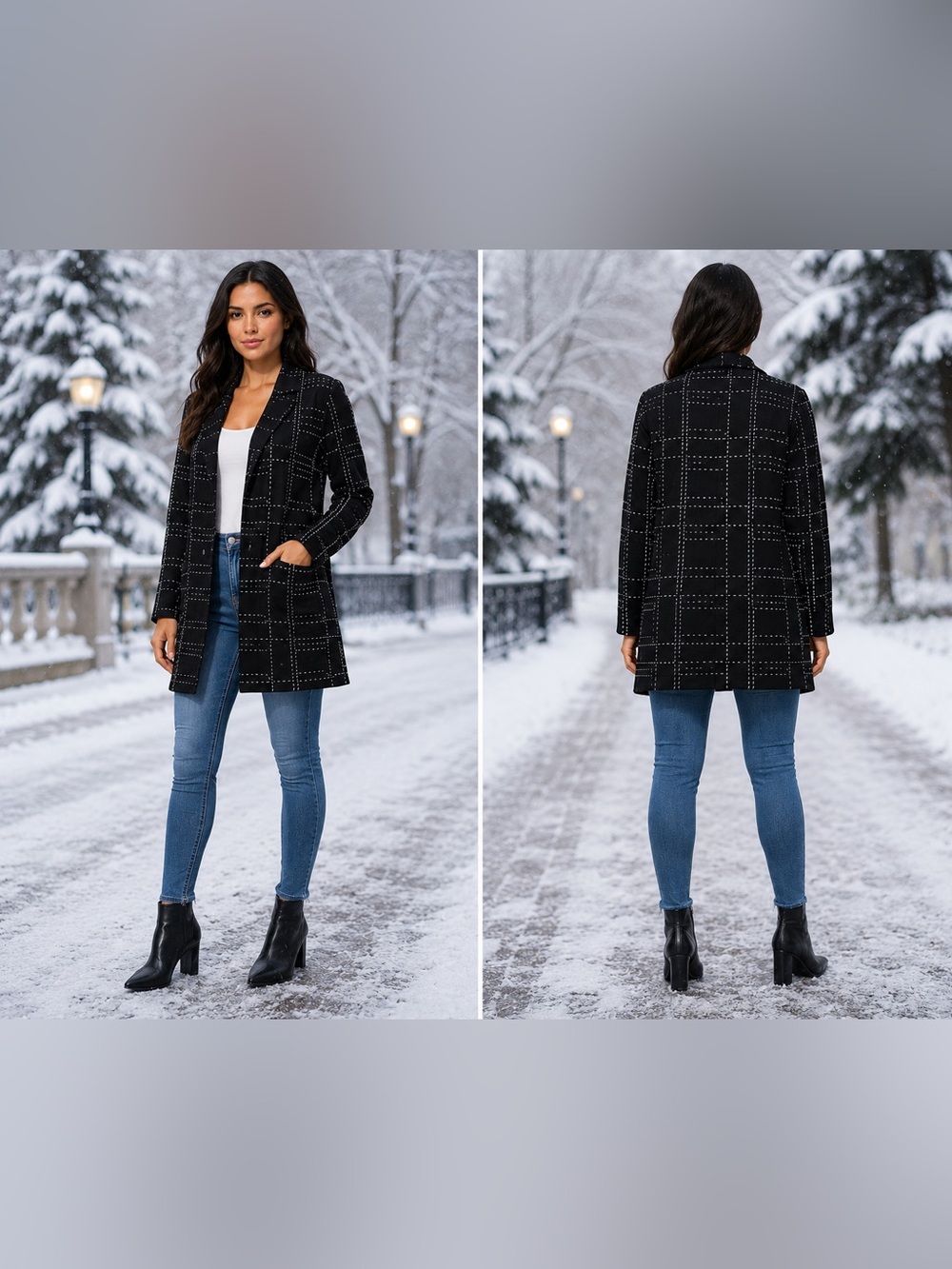 Max Studio Women’s Open Front Plaid Cardigan Sweater Black White Size Small Long